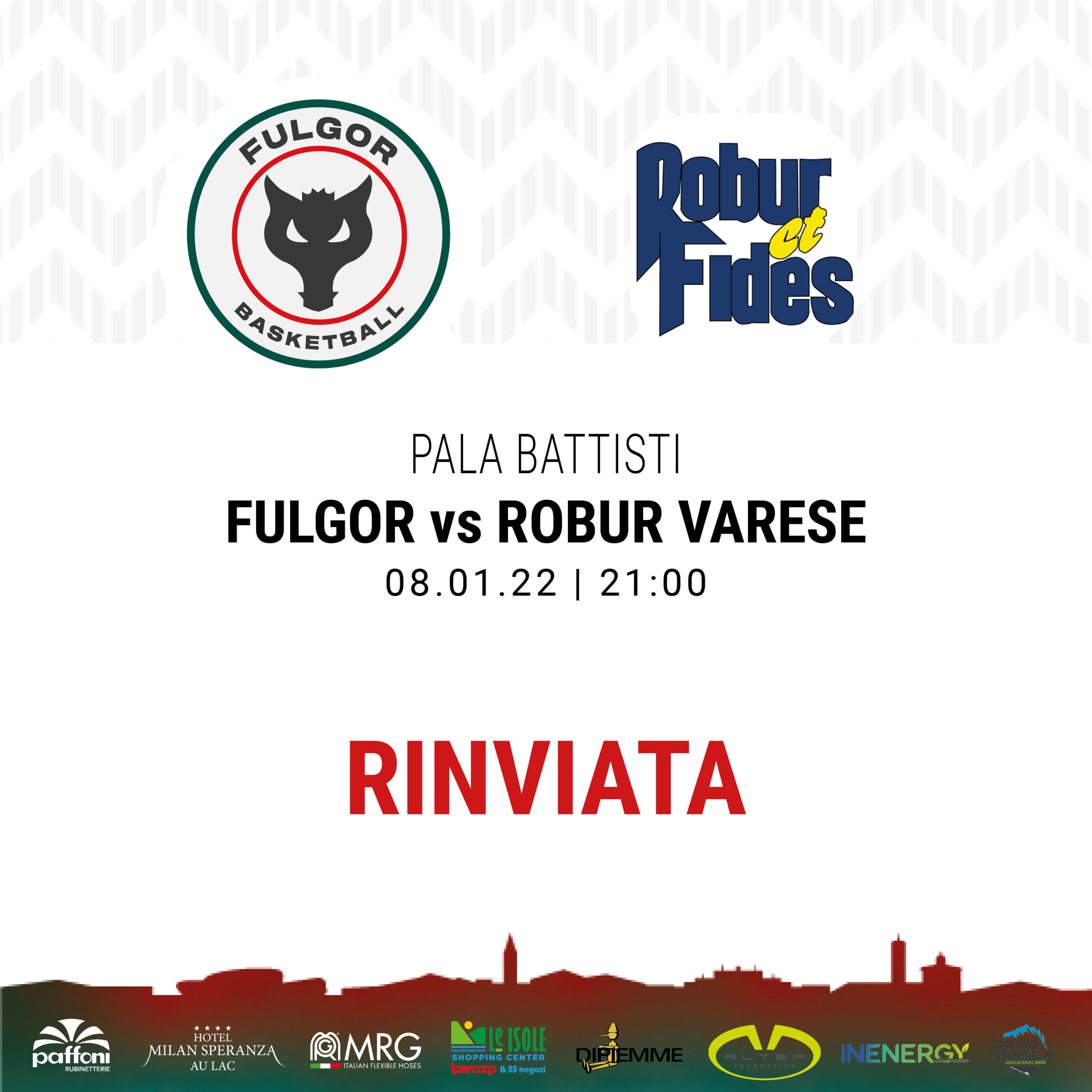 Rinviata la partita prevista per sabato 8 gennaio contro la Robur et Fides Varese